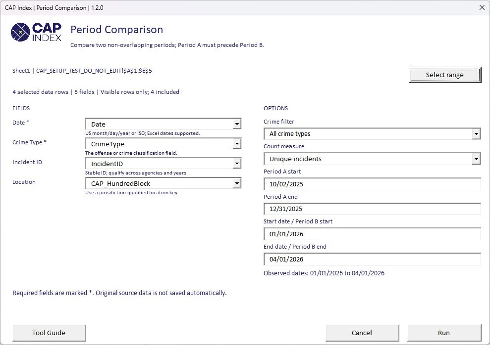 The Period Comparison setup window: field dropdowns for date, crime type, incident ID, and location on the left; crime filter, count measure, and period dates on the right.